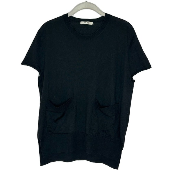 CELINE Women’s Black Short Sleeve Crew Neck Wool Silk Blend T Shirt W/ Pockets L - Picture 1 of 9